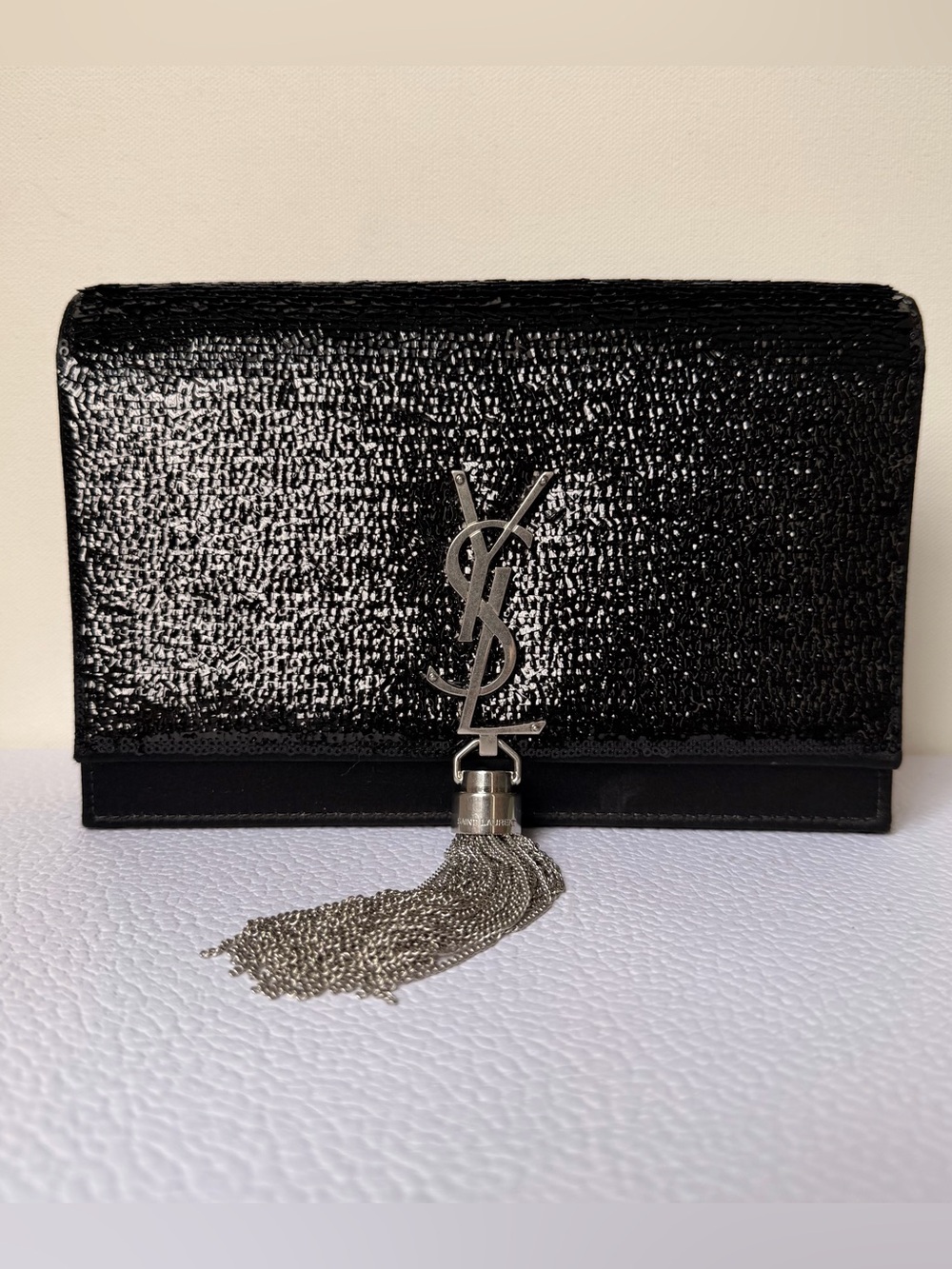 Saint Laurent Kate Tassel Chain Wallet Sequins Black Silver HW